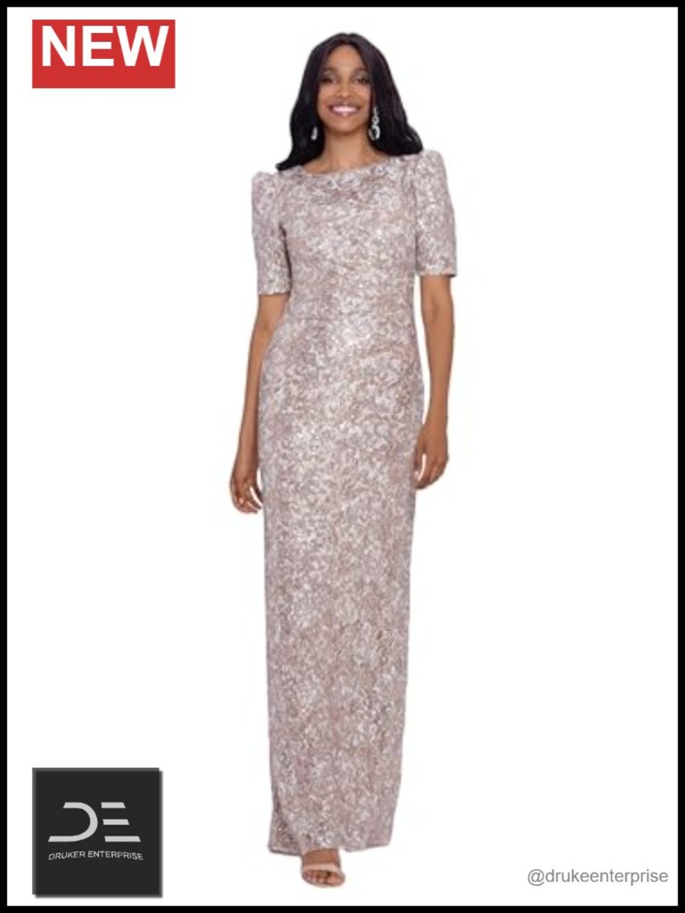 Long Lace Sequin Side Ruched Dress
